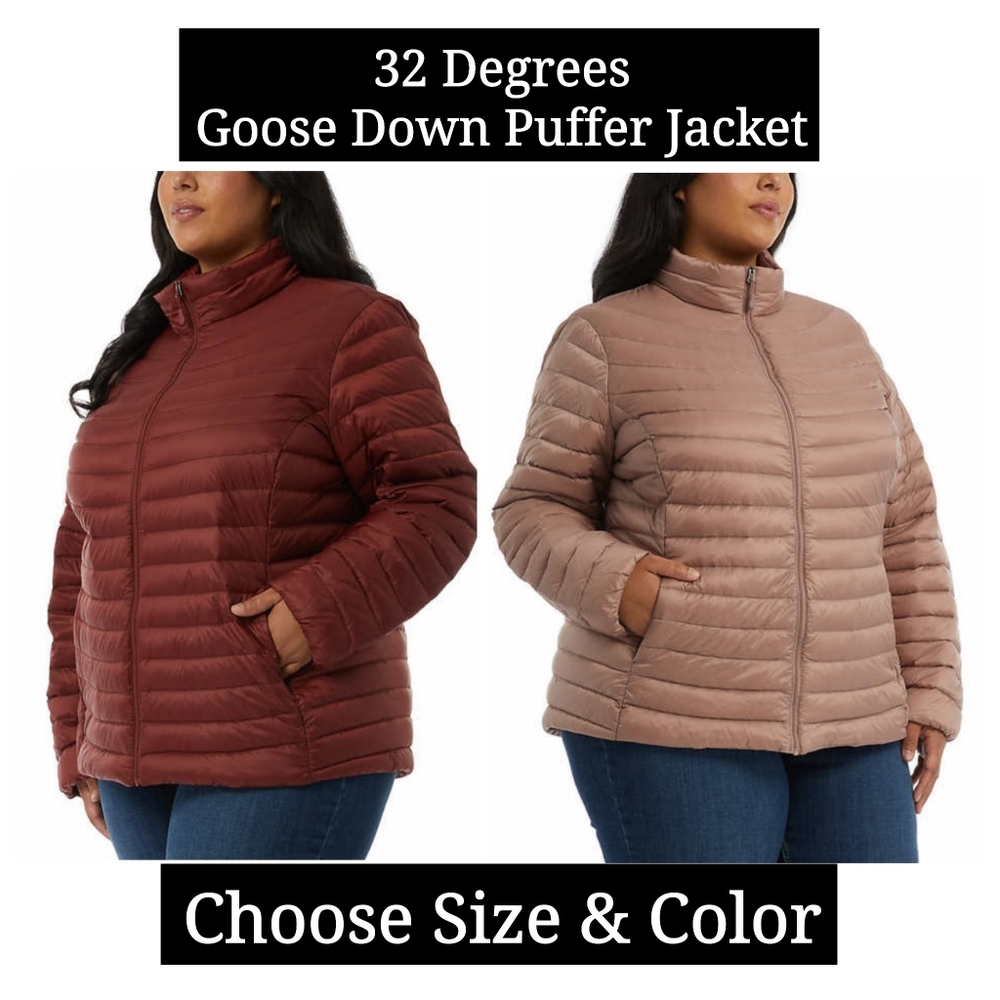 32 Degrees Goose Down Puffer Jacket Lightweight Coat Full Zip No Hood NEW